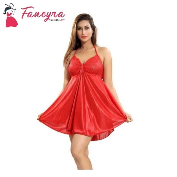 Fancyra Red Elegant Lace-Trimmed One-Piece Sleepwear Nightdress for Women - Image 2