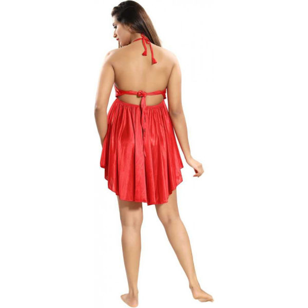 Fancyra Red Elegant Lace-Trimmed One-Piece Sleepwear Nightdress for Women - Image 4
