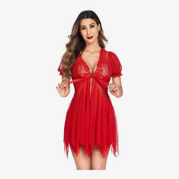 Fancyra Red Full Lace Babydoll Dress With G-String For Women-Free Size - Image 2