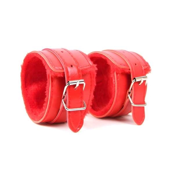 Fancyra Red Fur Lined Leather Adjustable Wrist Cuffs - Image 3