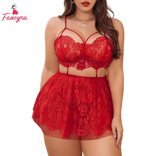 Fancyra Red Lace Summer Lingerie for Women Set Chemise and Panty – FR-LACE-01 - Image 2