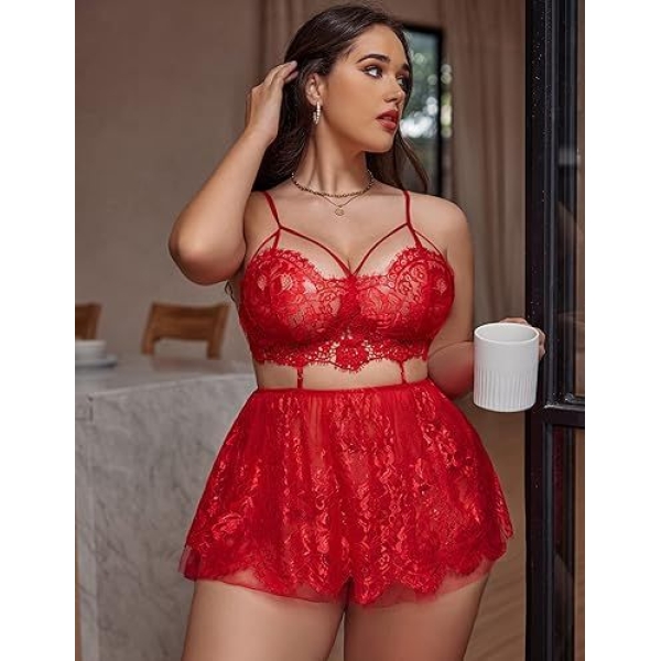Fancyra Red Lace Summer Lingerie for Women Set Chemise and Panty – FR-LACE-01 - Image 4