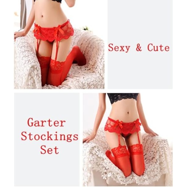 Fancyra Red Lace Thigh High Stocking & Suspender Garter Belt Lingerie Set for Women - Image 3
