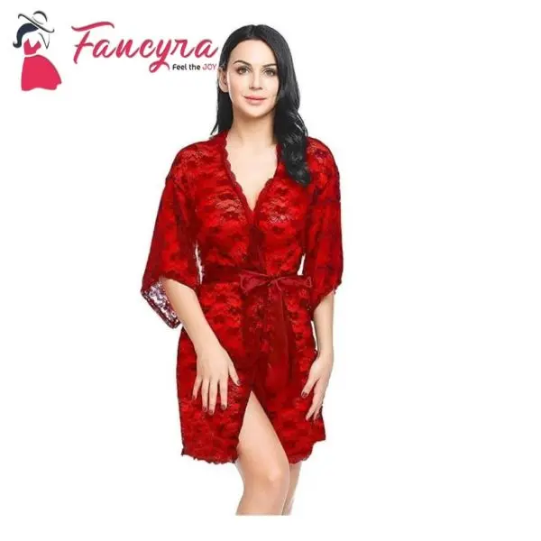 Fancyra Red Night Dress For Women With Robe Free Size - Image 2