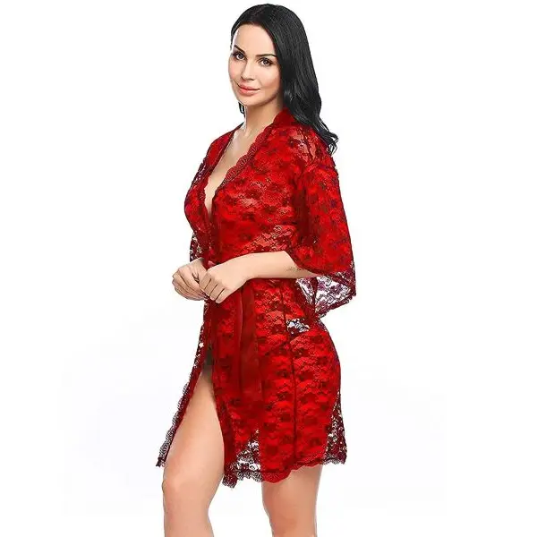 Fancyra Red Night Dress For Women With Robe Free Size - Image 4