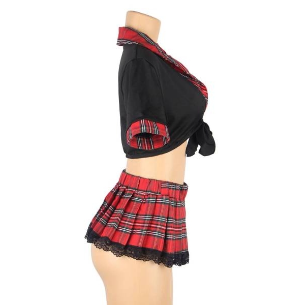 Fancyra Red Plaid Schoolgirl Lingerie Set Tie Front Crop Top & Pleated Mini Skirt Costume for Women - Image 2