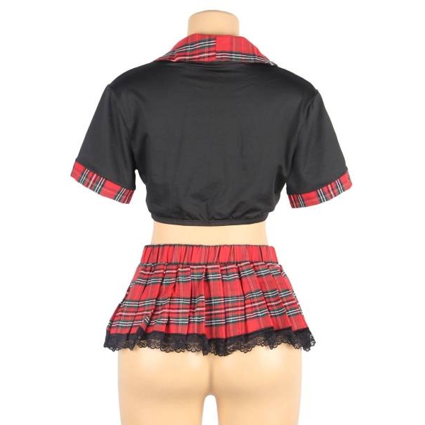 Fancyra Red Plaid Schoolgirl Lingerie Set Tie Front Crop Top & Pleated Mini Skirt Costume for Women - Image 3