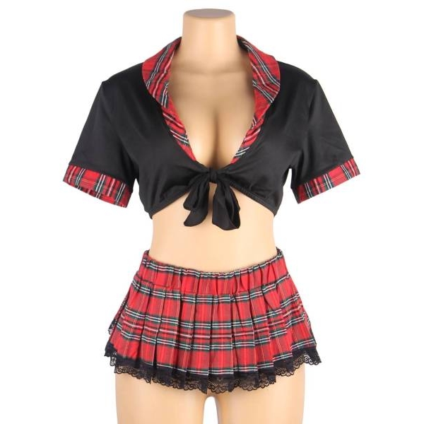 Fancyra Red Plaid Schoolgirl Lingerie Set Tie Front Crop Top & Pleated Mini Skirt Costume for Women - Image 4