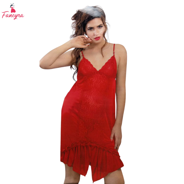 Fancyra Red Satin Two Piece Lingerie Set - Women Bikini and Babydoll Pair - Image 2