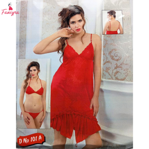 Fancyra Red Satin Two Piece Lingerie Set - Women Bikini and Babydoll Pair