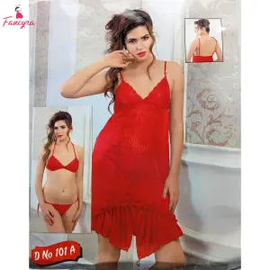 Fancyra Red Satin Two Piece Lingerie Set - Women Bikini and Babydoll Pair