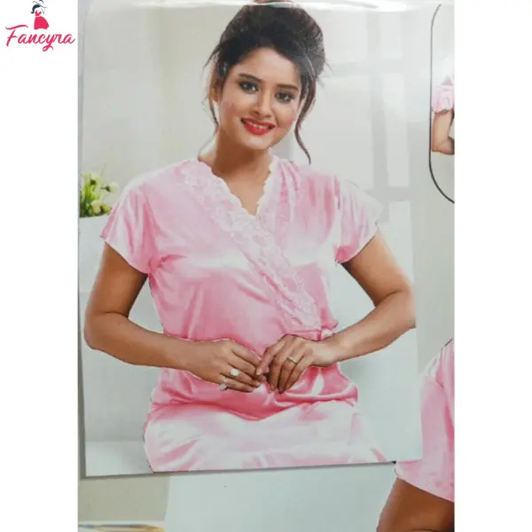 Fancyra Satin 2 Piece Nightwear Set for Women - Pretty Pink Sleepwear with Lace Details & Robe - Image 3