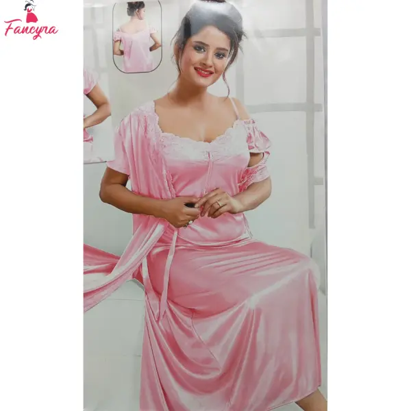 Fancyra Satin 2 Piece Nightwear Set for Women - Pretty Pink Sleepwear with Lace Details & Robe - Image 4