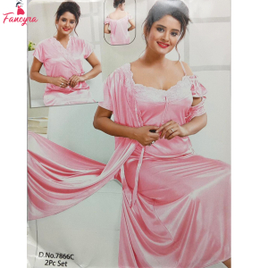 Fancyra Satin 2 Piece Nightwear Set for Women - Pretty Pink Sleepwear with Lace Details & Robe