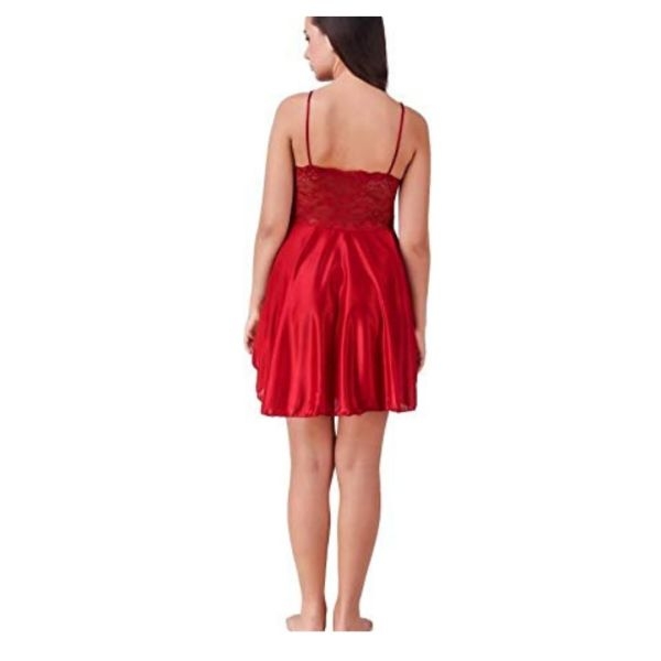 Fancyra Satin Baby doll Nightwear Lingerie Dress Free Size Rose Red Color - Image 4