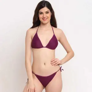 Fancyra Satin Bikini Bra Panty Stylish Lingerie Set Free Size Purple Color
