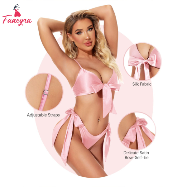 Fancyra Satin Bow-Tie Pink Bikini Set with Adjustable Straps - Intimate Wear - Image 2