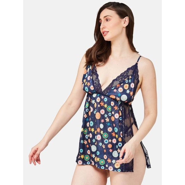 Fancyra Satin Lace Printed Women Babydoll Lingerie Chemise Nightgown Side Slit Sleepwear For Women - Image 4