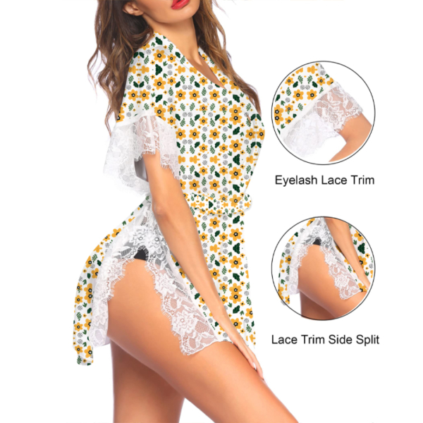 Fancyra Satin Lingerie Sleepwear Eyelash Lace Kimono Side Split Robes For Women - Image 2