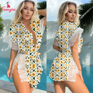 Fancyra Satin Lingerie Sleepwear Eyelash Lace Kimono Side Split Robes For Women