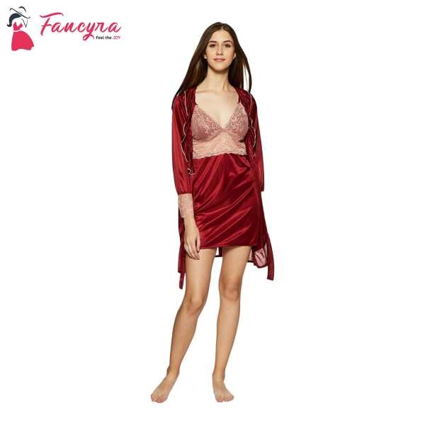 Fancyra Satin Night Dress and Half Sleeves Robe Nightwear Nighty Set For Women Free Size - Image 2