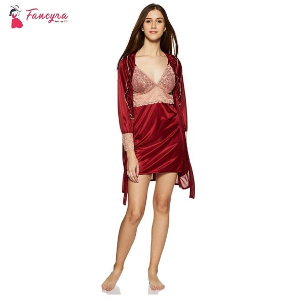 Fancyra Satin Night Dress and Half Sleeves Robe Nightwear Nighty Set For Women Free Size - Image 3