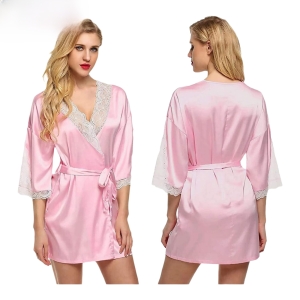 Fancyra Satin Nightwear Kimono Robe V Neck Nightdress With Lace Design Free Size Light Pink Color For Women
