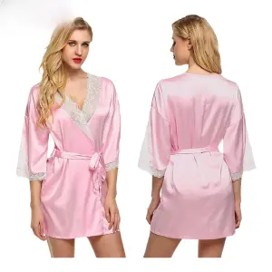 Fancyra Satin Nightwear Kimono Robe V Neck Nightdress With Lace Design Free Size Light Pink Color For Women