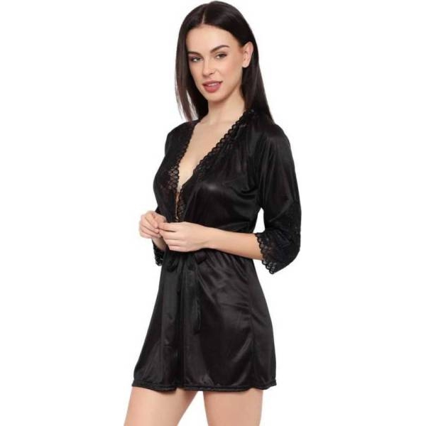Fancyra Satin Nightwear Robe V Neck Sleepwear Nightdress Free Size - Image 3
