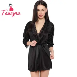 Fancyra Satin Nightwear Robe V Neck Sleepwear Nightdress Free Size