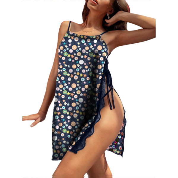 Fancyra Satin O-Neck Sleeveless Printed Summer Babydoll Lingerie Beach Dress For Women - Image 5