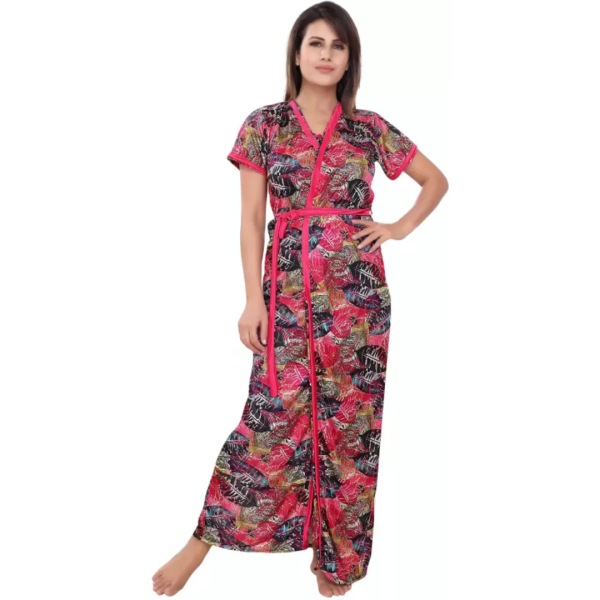 Fancyra Satin Printed Nighty Honeymoon Wear Sleepwear Set Of 3 Free Size - Image 3