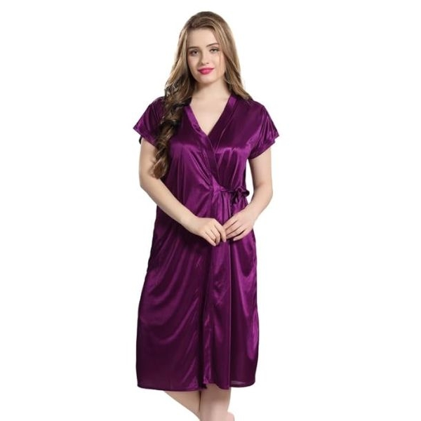 Fancyra Satin Purple Nighty Sleepwear Nightdress Set with Robe For Women - Image 3