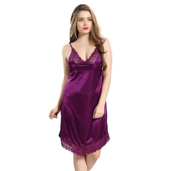 Fancyra Satin Purple Nighty Sleepwear Nightdress Set with Robe For Women - Image 4