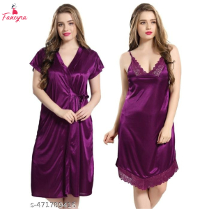 Fancyra Satin Purple Nighty Sleepwear Nightdress Set with Robe For Women