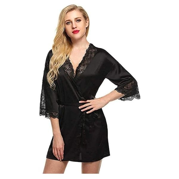 Fancyra Satin Robe V Neck Nightwear for Women with Lace Design for Free Size Black Color - Image 2
