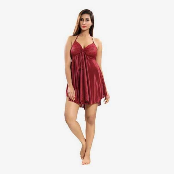 Fancyra Satin Rose Red Baby Doll Dress For Women - Image 4