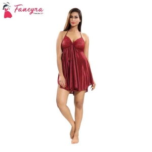 Fancyra Satin Rose Red Baby Doll Dress For Women