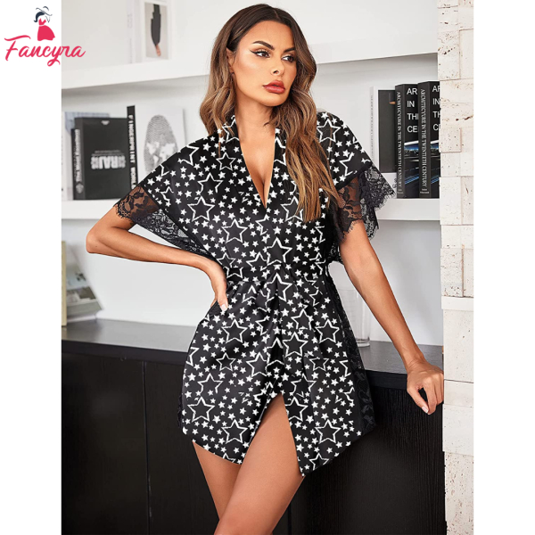 Fancyra Satin Sleepwear Eyelash Lace Kimono Side Split Silk Robes Nightwear Lingerie For Women - Image 2