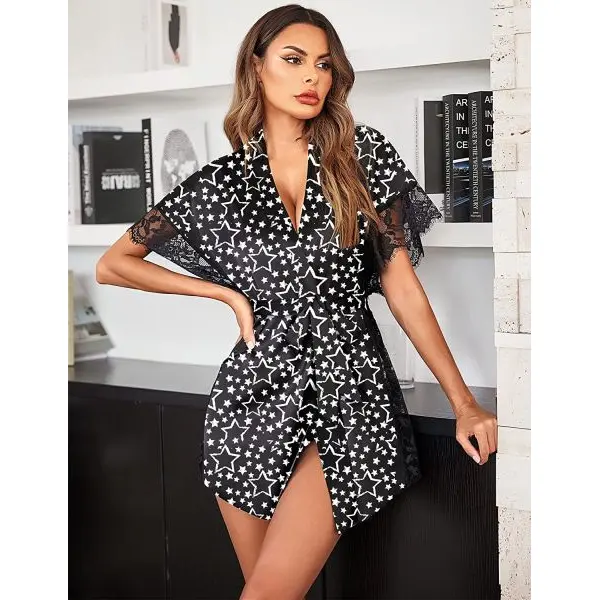 Fancyra Satin Sleepwear Eyelash Lace Kimono Side Split Silk Robes Nightwear Lingerie For Women - Image 3
