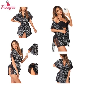 Fancyra Satin Sleepwear Eyelash Lace Kimono Side Split Silk Robes Nightwear Lingerie For Women