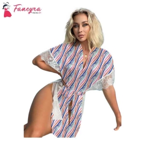 Fancyra Satin Sleepwear Eyelash Lace Kimono Side Split Silk Robes Women Nightwear Lingerie