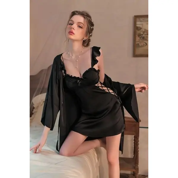Fancyra Satin Smooth Comfortable Night Dress Set Of 2 ( Robe + Dress ) For Women - Image 3