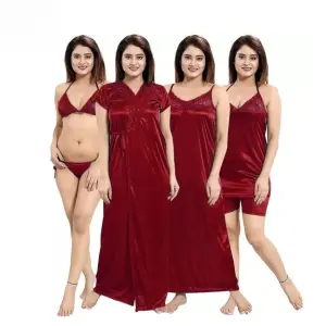 Fancyra Satin Summer Night Dress for Women Solid Nighty Pack of 4