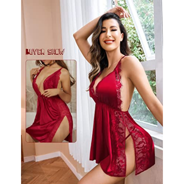 Fancyra Satin Summer Nighty for Women Lace Babydoll Chemise with Side Slit - Image 2
