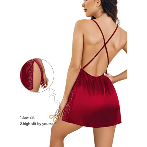 Fancyra Satin Summer Nighty for Women Lace Babydoll Chemise with Side Slit - Image 3