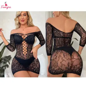 Fancyra Seductive Black Mesh Bodycon Style Mini Dress Stocking Bodysuit Lingerie For Women