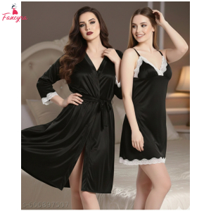 Fancyra Set of 2 Elegant Satin Lace Nighty with Robe Nightwear