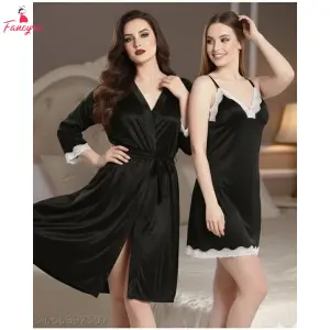 Fancyra Set of 2 Elegant Satin Lace Nighty with Robe Nightwear