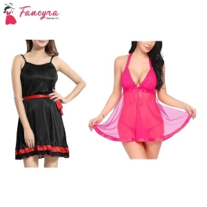 Fancyra Set Of 2 Women Lingerie Net Solid Above Knee Baby Doll With G String Panty And Robe Free Size Black And Pink Color